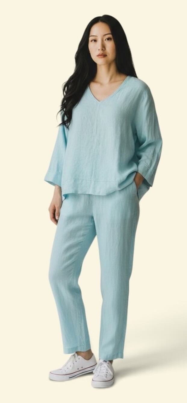 Hot Cotton by Marc Ware 100% Linen Set V-Neck Top Pull On Pants Aqua Blue Large